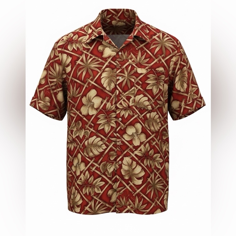 Vintage Hawaiian Size L Campia Red Hibiscus and Palm Leaves Rayon Shirt